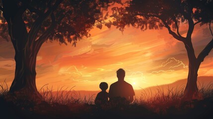 Sticker - A father and child sitting together, watching the sunset in quiet contemplation