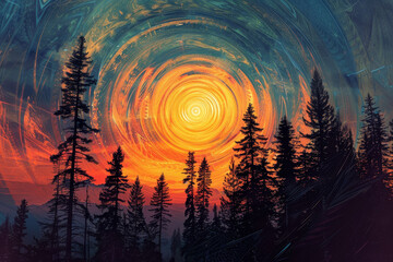 Wall Mural - A painting of a sun with a circle around it and trees in the background