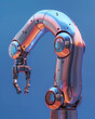 A 3D automation robotics arm symbol, in industrial silver, isolated on a bold royal blue background