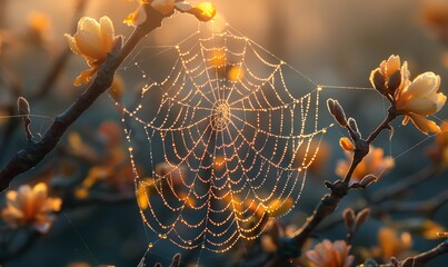 Close-up of a spider web woven on a tree branch.