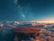 A wooden table is perched high above a cloud-covered ground, creating a surreal and magical scene in the sky.