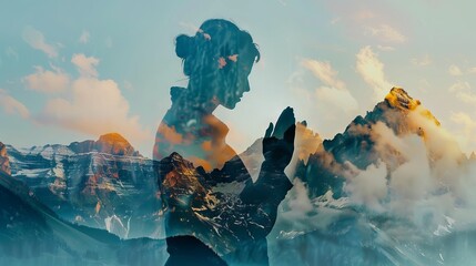 Poster - Praying figure and mountain landscape in harmonious double exposure.