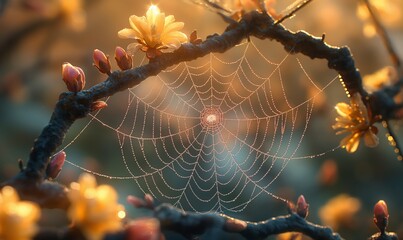 Close-up of a spider web woven on a tree branch.