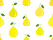 Seamless pattern with yellow pears on a white background. Ripe pears with one leaf. Fruit background with pears for wallpaper, wrapping paper, banners and posters. Vector illustration