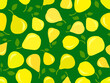 Seamless pattern with yellow pears on a green background. Ripe pears with one leaf. Fruit background with pears for wallpaper, wrapping paper, banners and posters. Vector illustration