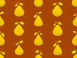 Seamless pattern with yellow pears on a brown background. Striped golden pears with two leaves. Fruit background with pears for wallpaper, wrapping paper, banners and posters. Vector illustration