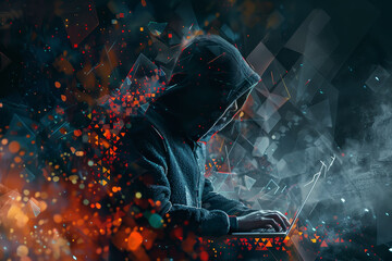 Wall Mural - a man is typing on a laptop in a dark room with a hoodie on