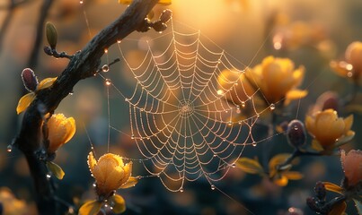 Close-up of a spider web woven on a tree branch.