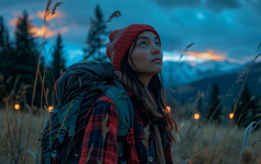 Wall Mural - A woman with a backpack and a red hat is looking at the sky. The sky is blue and the sun is setting