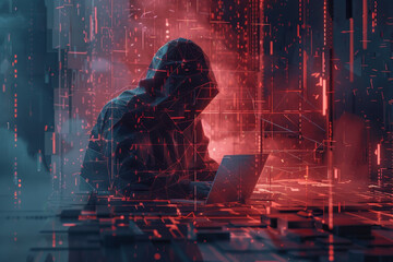 Wall Mural - a man is typing on a laptop in a red and blue background