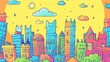 A colorful and whimsical illustration of a city skyline, featuring bright buildings, fluffy clouds, and a shining sun.