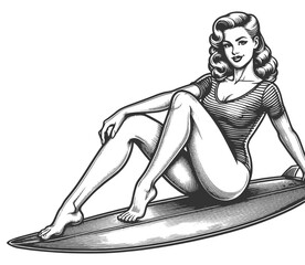 Wall Mural - retro pin-up girl in stylish beachwear surfing on wave, grace and balance sketch engraving generative ai fictional character vector illustration. Scratch board imitation. Black and white image.