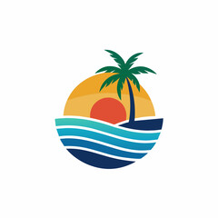 Wall Mural - Sunset logo vector art illustration with coconut tree (1)