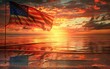 American flag waving majestically during a vibrant sunset.