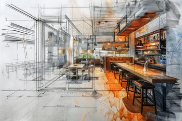 Fototapete - A vibrant drawing of a restaurant with colorful tables and chairs, inviting guests to enjoy a meal in a cozy setting filled with artistic charm and creativity. Generative AI