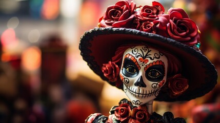 Wall Mural - Day of the dead catrina figurine in traditional attire