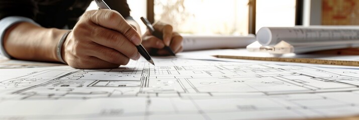 Wall Mural - A man meticulously works on a blueprint, cutting and refining details with a pair of scissors. The blueprint showcases project renovation sketch plans and design ideas in the background. Generative AI