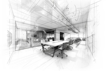 Wall Mural - A hand-drawn illustration of a conference room complete with a table and chairs, showcasing an artistic and imaginative design. Generative AI