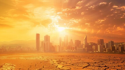 Wall Mural - A city skyline is shown with a bright sun shining on it