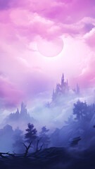 Wall Mural - misty mountain landscape with magical purple and pink sky fantasy fairy phone wallpaper background