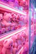 white vending machine with neon lighting with many plush kawaii pink bears inside, modern retro vibe