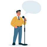 Fototapeta Pokój dzieciecy - Flat vector illustration. a man in age stands and says something into a microphone, a speaker, speech bubble with space for your text . Vector illustration