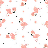 Fototapeta Pokój dzieciecy - Seamless vector pattern in a cute childish style. Cute pink flamingo and crowns. Vector illustration