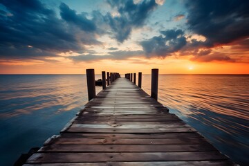  a wooden dock leading to a house on a lake with a pink and blue sky in the background at sunset.
