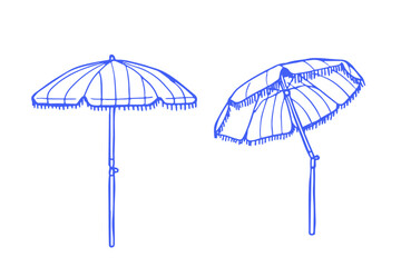 Beach umbrellas hand drawn illustration. Line art style isolated on white background. Summer and beach equipment for design and print. 