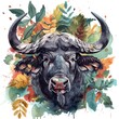 Watercolor Buffalo with Leafy Surroundings: A Captivating Depiction of Nature's Majestic Bull