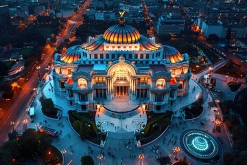 Twilight Aerial Panorama of Bellas Artes Palace, City - Fine Art and Architecture at Night