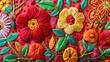 Vibrant Embroidered Floral Pattern on Red Textile Background