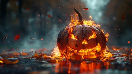 Canvas Print - Fire burning in a Halloween pumpkin on a suburban street pavement. Halloween concept, copy space.