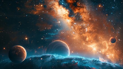 Poster - A colorful galaxy with a blue and orange swirl. The stars are scattered throughout the sky, and there are two planets in the foreground