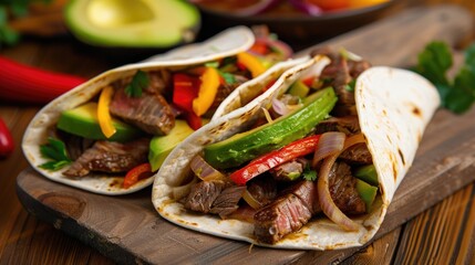 Steak Fajitas: A Hot and Spicy Meal with Beef, Onions, Peppers, and Avocado on a Wooden