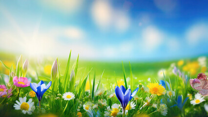 Poster - Spring meadow with colorful flowers. Nature background. Springtime.