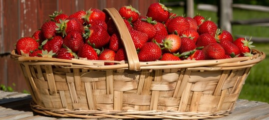 Wall Mural - Ripe and juicy strawberries presented in a rustic wooden basket for fresh fruit display