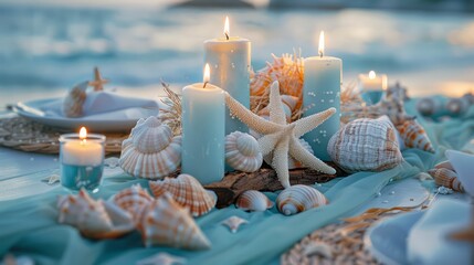 Fototapete - A table with candles and seashells on it. Scene is calm and relaxing, as if someone is enjoying a beachside dinner