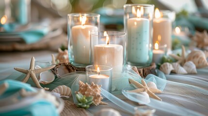 Fototapete - A table with candles and seashells on it. Scene is calm and relaxing, as if someone is enjoying a beach vacation