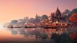 Sunrise over Varanasi, India Featuring Historic Temples and Calm River with Boats