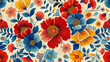Vibrant Floral Pattern with Red and Blue Blossoms on Textile Background