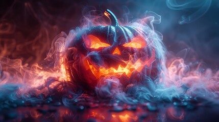 Wall Mural - Concept drawing of a halloween pumpkin with a scary glowing face in neon light and smoke, dark, copyspace