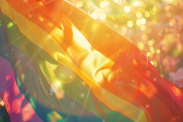 Wall Mural - Close up of a rainbow flag waving in the wind with sunlight and a bokeh effect in the background, depicting a pride concept Generative AI