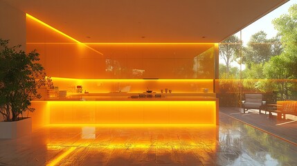   A living room brimming with numerous furnishings boasts a grand window adorned with vibrant yellow lights, positioned adjacent to another similarly furnished living space