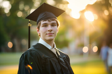 Wall Mural - Young male graduate student in graduation gown and cap standing on a college campus