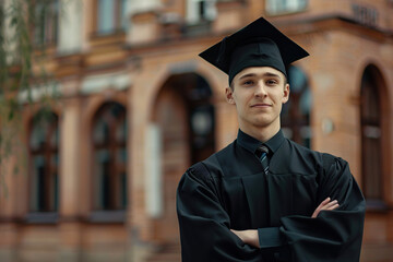 Wall Mural - Young male graduate student in graduation gown and cap standing on a college campus