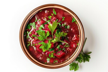 Wall Mural - Bowl of beet root soup borsch on white background
