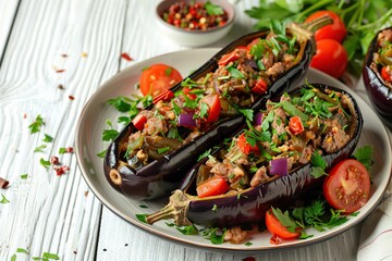 Wall Mural - Eggplant stuffed with vegetables and meat on wooden table