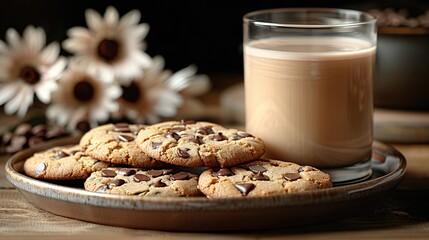 Wall Mural -   A table holds a plate of chocolate chip cookies and a glass of milk, surrounded by flowers and a vase of daisies