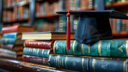 Graduation cap on books in library symbolizes academic achievement and success. Concept Graduation, Academic Achievement, Success, Library, Symbolism
